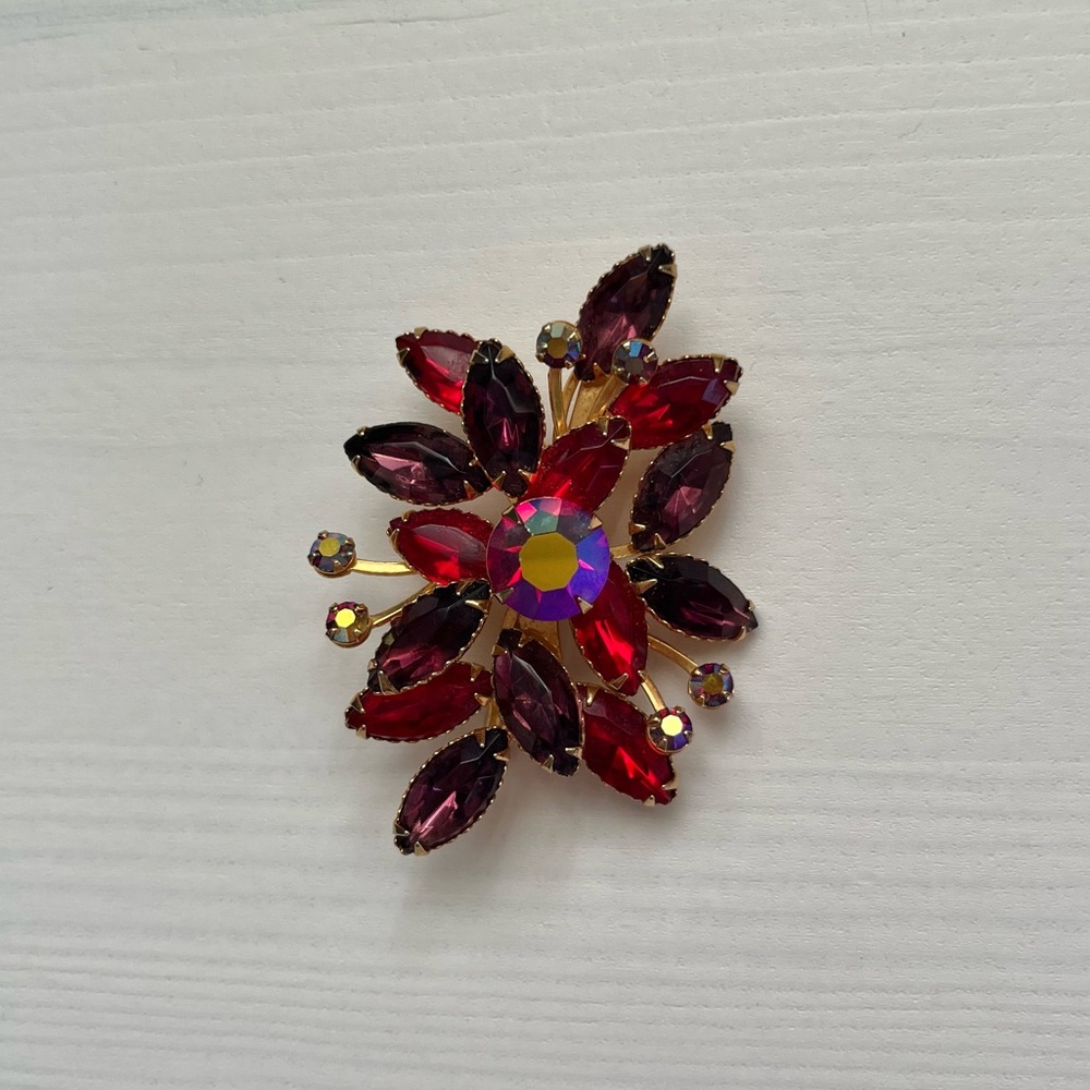 Vintage Ruby Red & Purple Rhinestone Brooch Pin